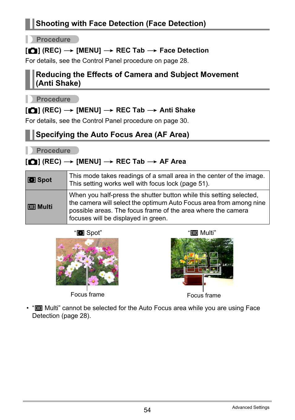 Shooting with face detection (face detection), Specifying the auto focus area (af area) | Casio EXILIM K1123PCM2DMX User Manual | Page 54 / 137