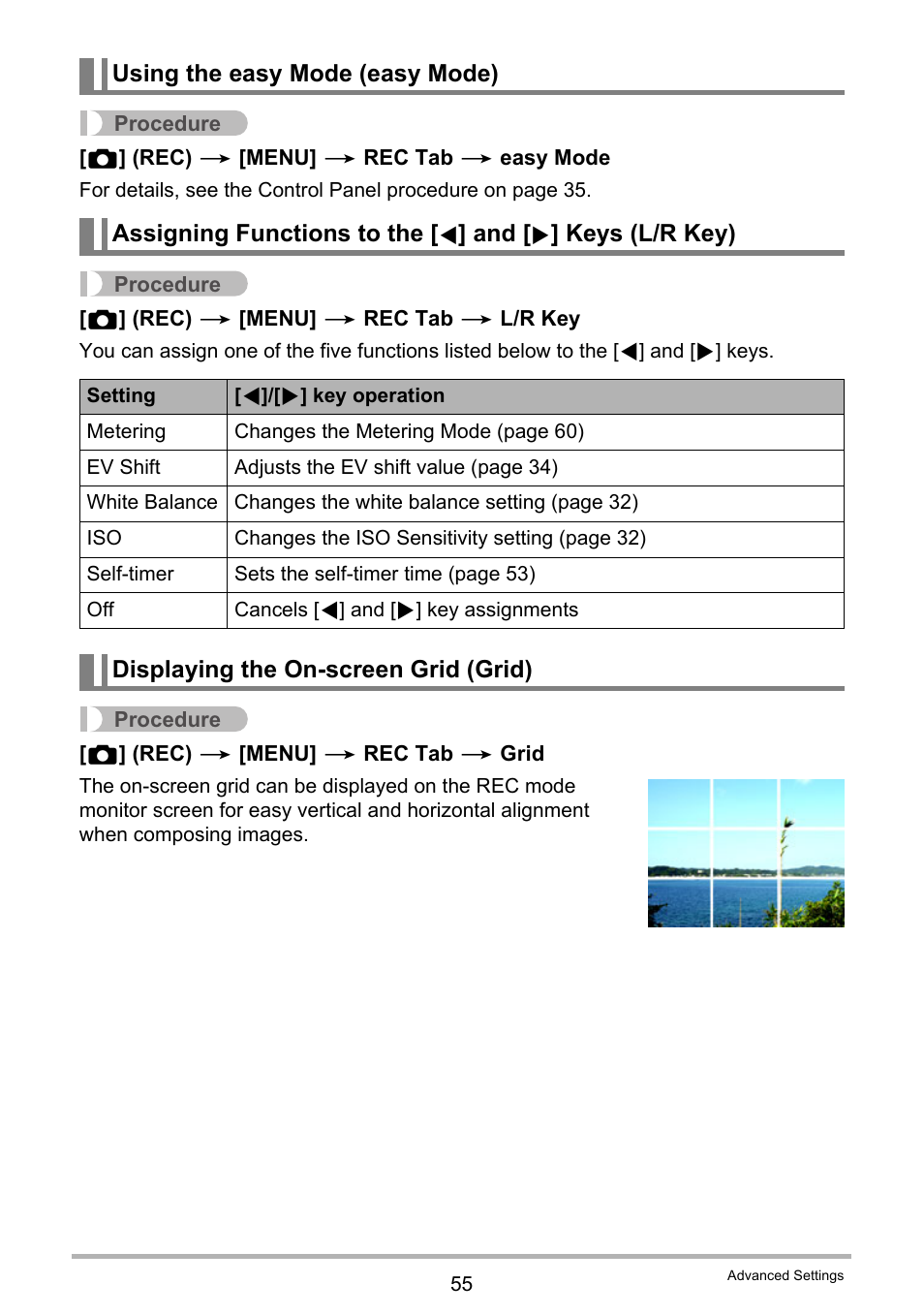 Using the easy mode (easy mode), Displaying the on-screen grid (grid) | Casio EXILIM K1123PCM2DMX User Manual | Page 55 / 137