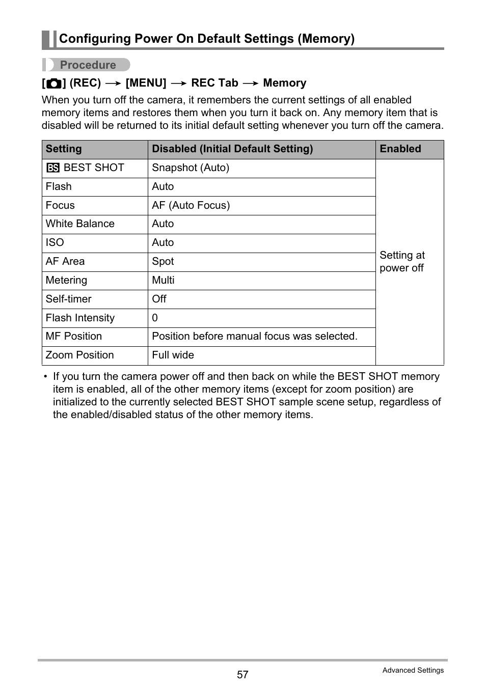 Configuring power on default settings (memory) | Casio EXILIM K1123PCM2DMX User Manual | Page 57 / 137