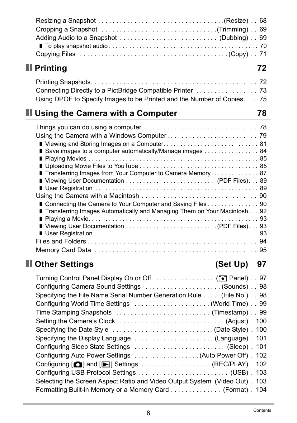 Printing 72, Using the camera with a computer 78, Other settings (set up) 97 | Casio EXILIM K1123PCM2DMX User Manual | Page 6 / 137