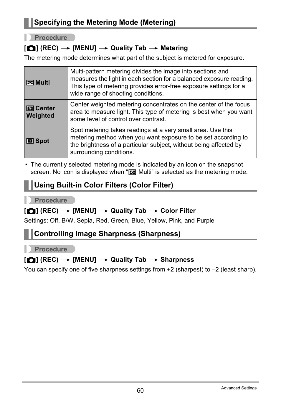 Specifying the metering mode (metering), Using built-in color filters (color filter), Controlling image sharpness (sharpness) | Casio EXILIM K1123PCM2DMX User Manual | Page 60 / 137