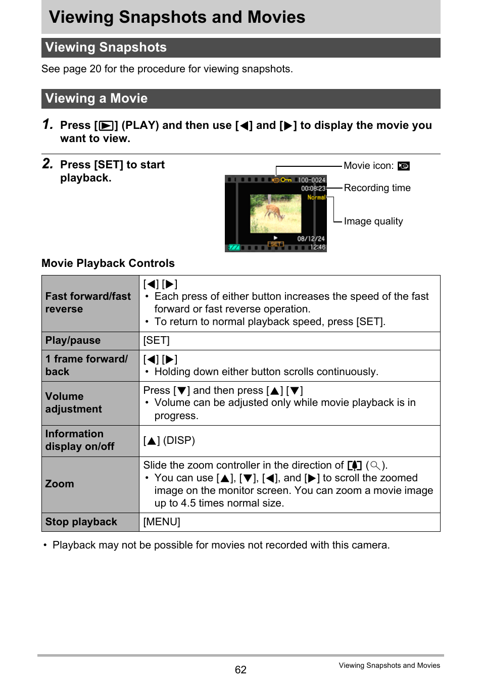 Viewing snapshots and movies, Viewing snapshots, Viewing a movie | Viewing snapshots viewing a movie, Age 62 | Casio EXILIM K1123PCM2DMX User Manual | Page 62 / 137