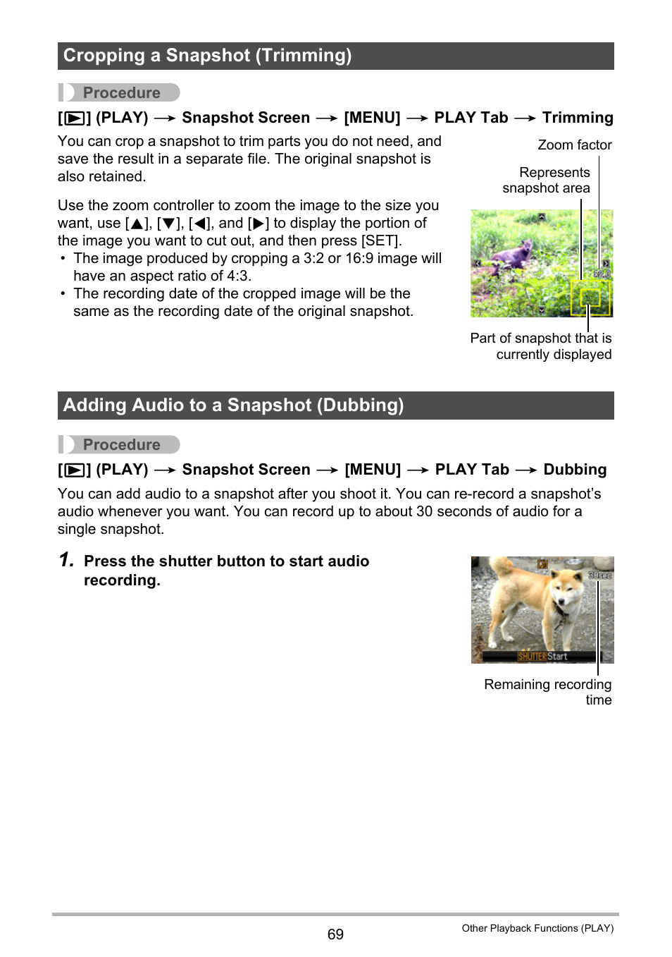 Cropping a snapshot (trimming), Adding audio to a snapshot (dubbing) | Casio EXILIM K1123PCM2DMX User Manual | Page 69 / 137