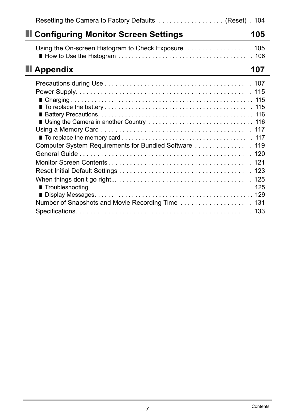 Configuring monitor screen settings 105, Appendix 107 | Casio EXILIM K1123PCM2DMX User Manual | Page 7 / 137