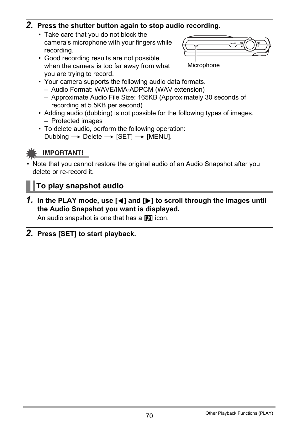 To play snapshot audio | Casio EXILIM K1123PCM2DMX User Manual | Page 70 / 137