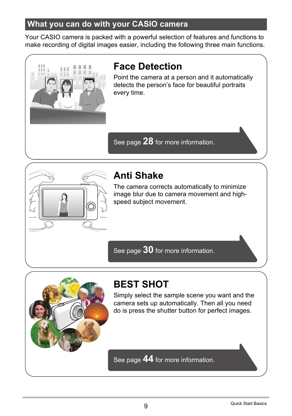 What you can do with your casio camera, Best shot, Anti shake | Face detection | Casio EXILIM K1123PCM2DMX User Manual | Page 9 / 137