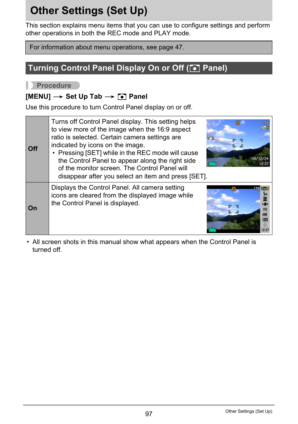 Other settings (set up), Turning control panel display on or off (_ panel), Other settings | Set up) 97, Age 97), Turning control panel display on or off ( r panel) | Casio EXILIM K1123PCM2DMX User Manual | Page 97 / 137