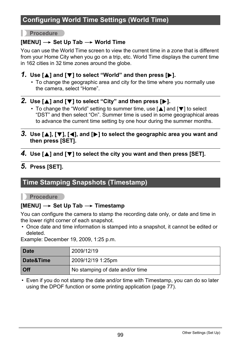 Configuring world time settings (world time), Time stamping snapshots (timestamp) | Casio EXILIM K1123PCM2DMX User Manual | Page 99 / 137
