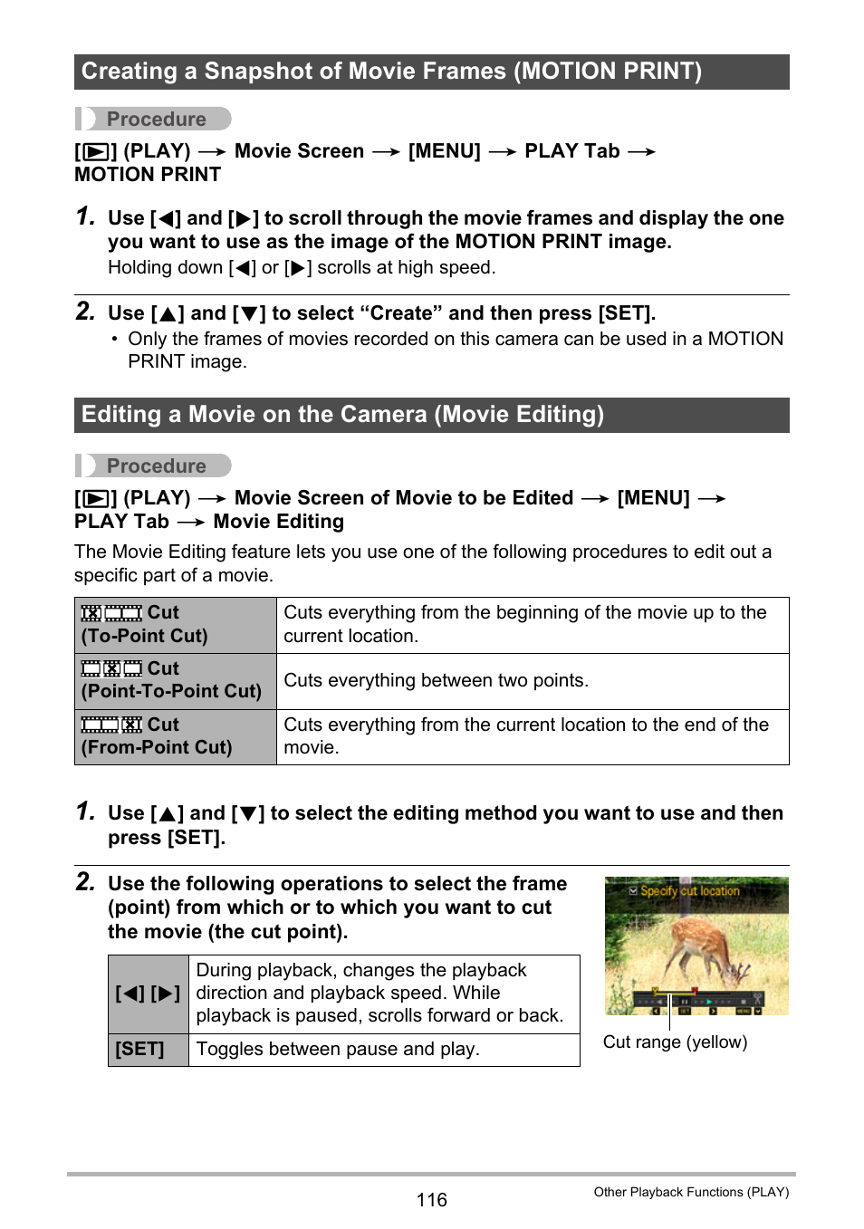 Creating a snapshot of movie frames (motion print), Editing a movie on the camera (movie editing) | Casio EX-FC200S User Manual | Page 116 / 195