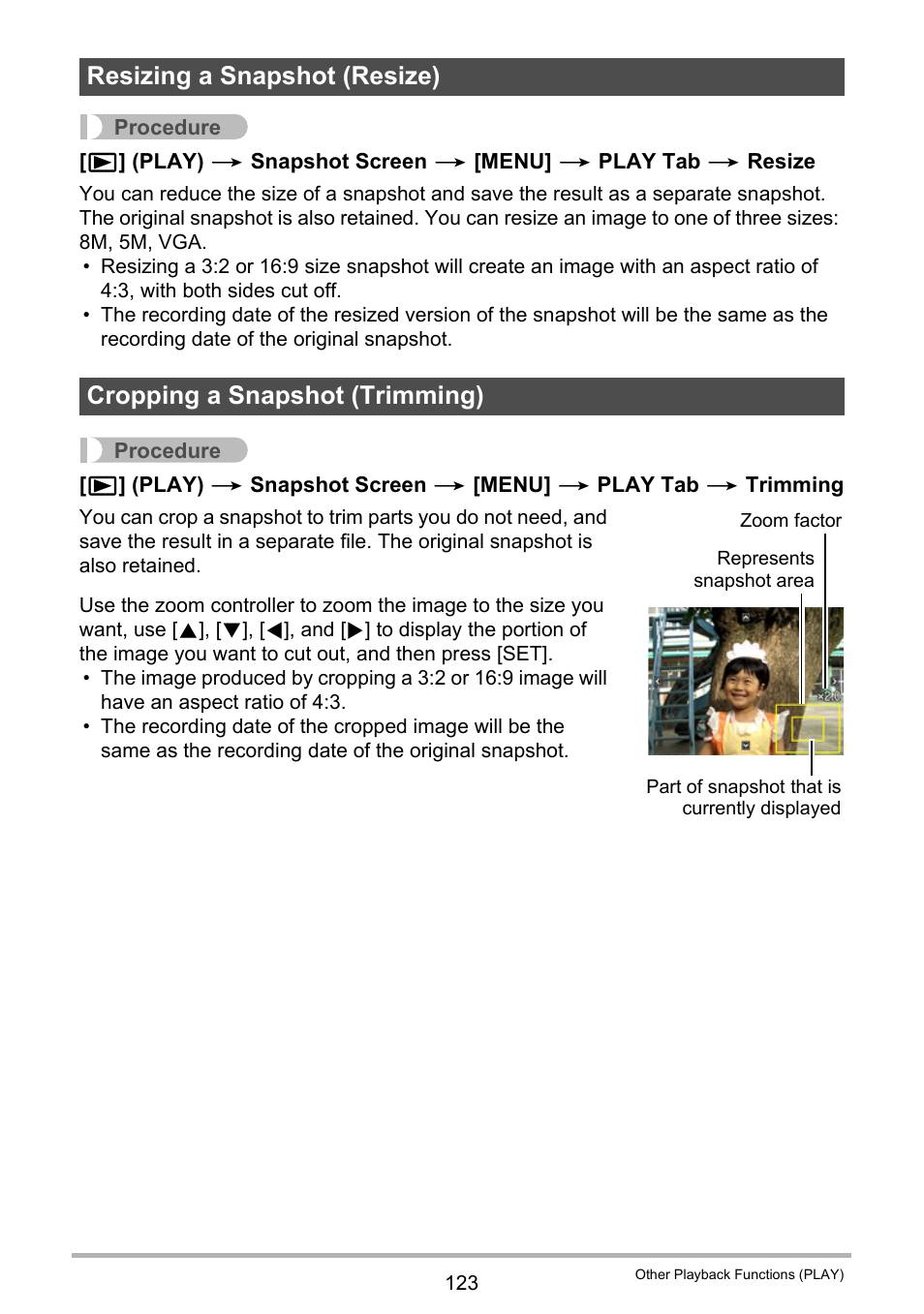 Resizing a snapshot (resize), Cropping a snapshot (trimming) | Casio EX-FC200S User Manual | Page 123 / 195