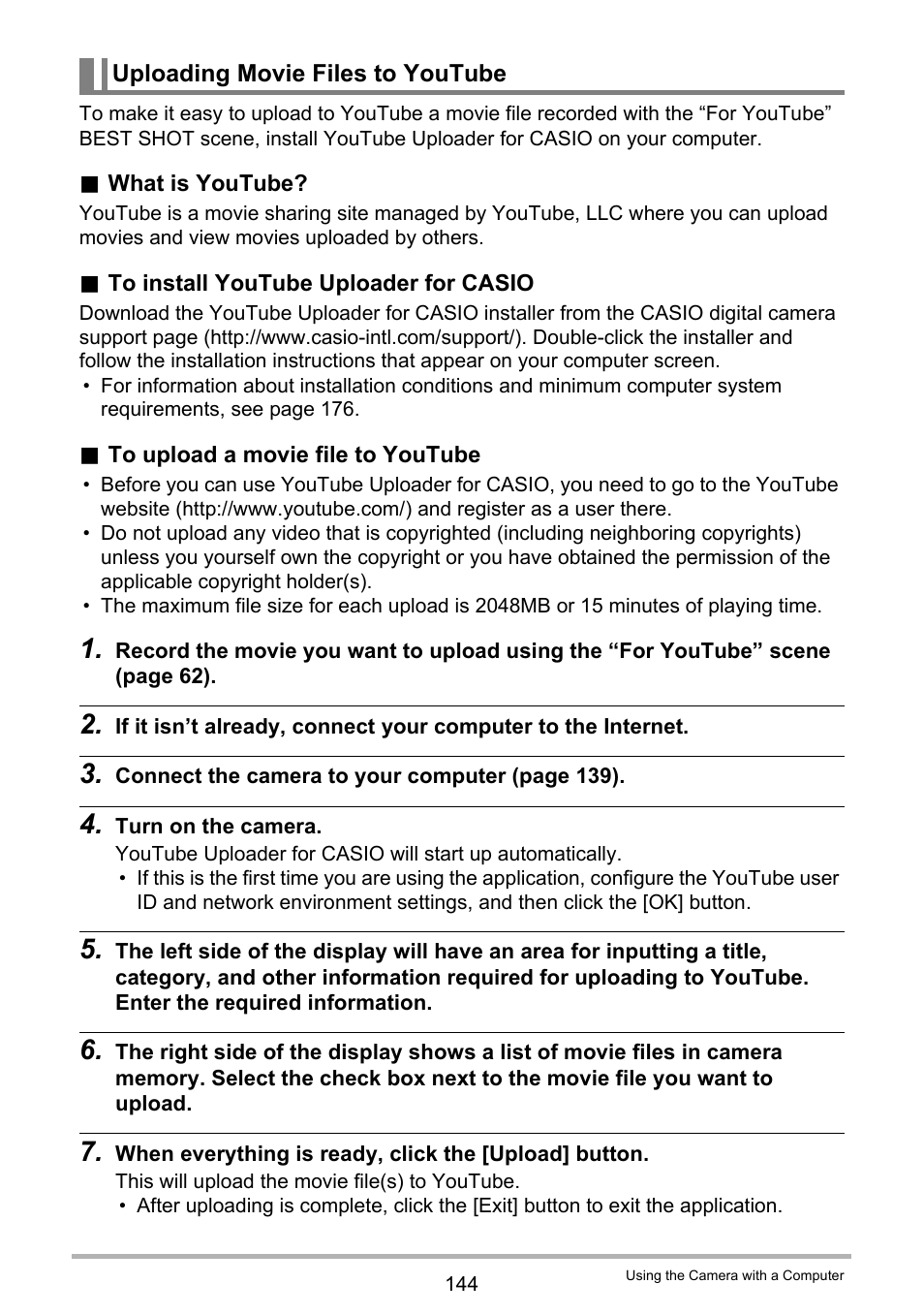 Uploading movie files to youtube | Casio EX-FC200S User Manual | Page 144 / 195