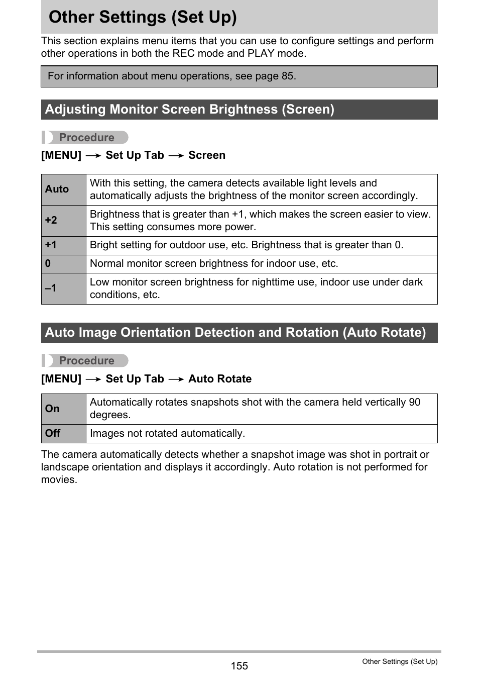 Other settings (set up), Adjusting monitor screen brightness (screen), Other settings | Set up) 155 | Casio EX-FC200S User Manual | Page 155 / 195