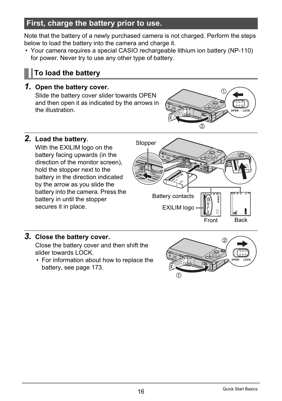 First, charge the battery prior to use, To load the battery | Casio EX-FC200S User Manual | Page 16 / 195