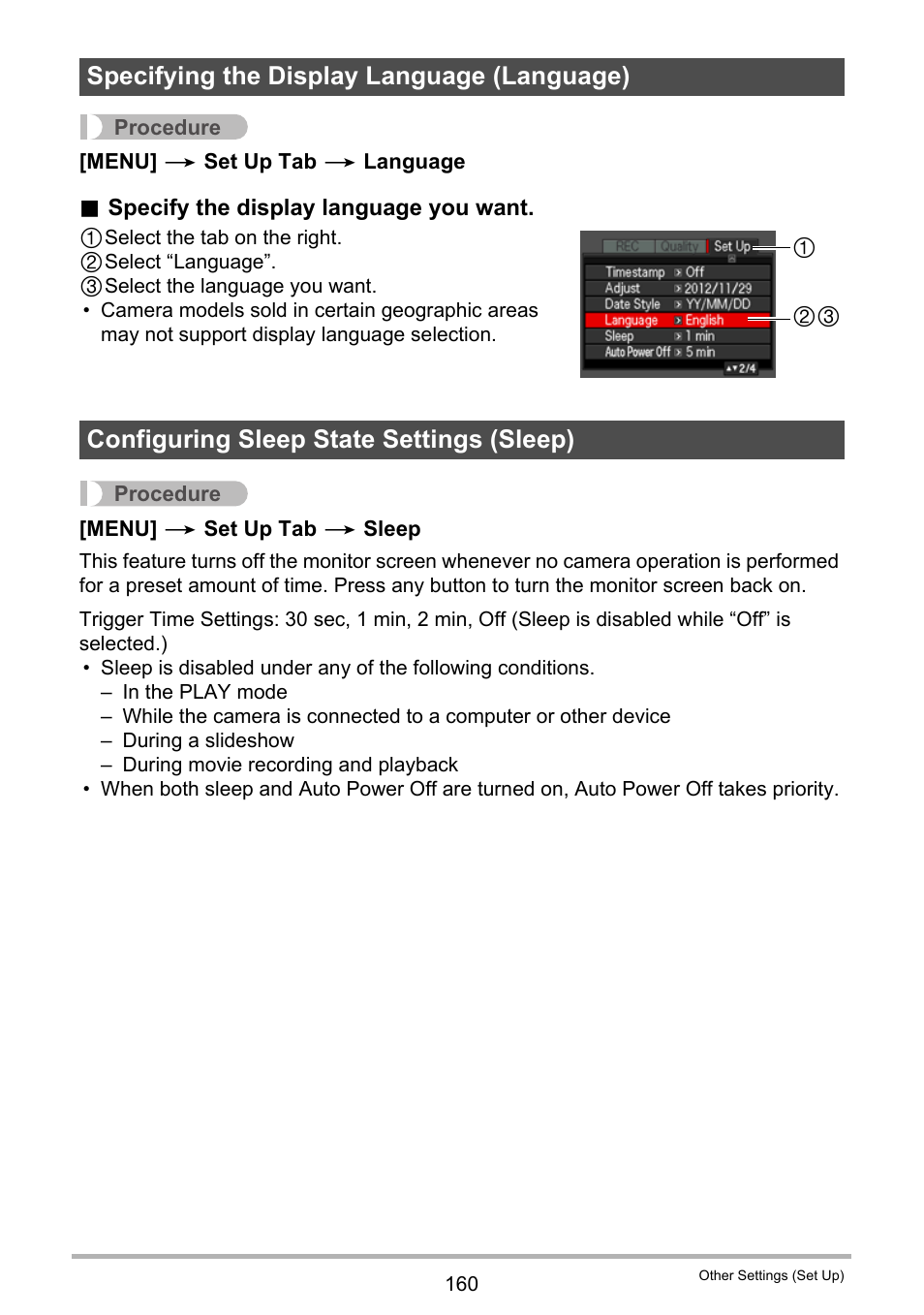 Specifying the display language (language), Configuring sleep state settings (sleep), E 160). n | Casio EX-FC200S User Manual | Page 160 / 195