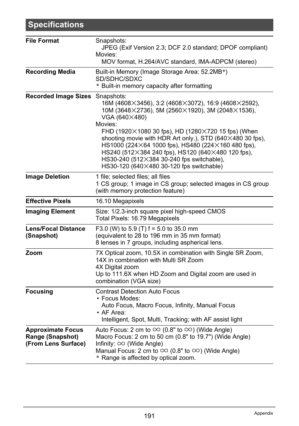 Specifications | Casio EX-FC200S User Manual | Page 191 / 195