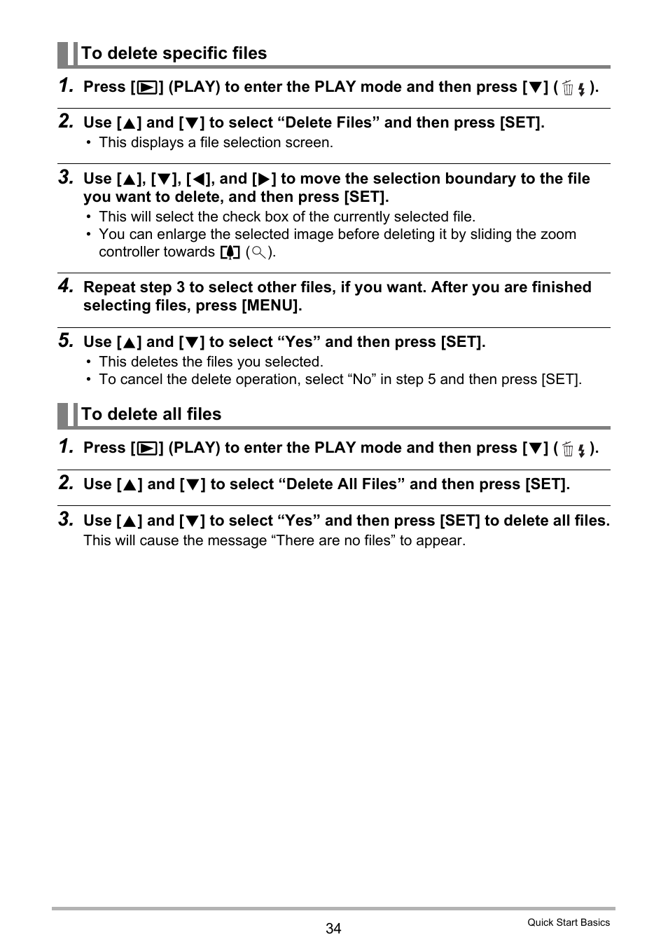 To delete specific files, To delete all files | Casio EX-FC200S User Manual | Page 34 / 195