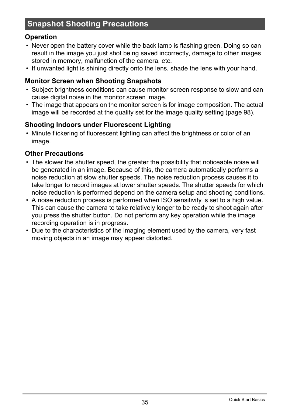 Snapshot shooting precautions | Casio EX-FC200S User Manual | Page 35 / 195