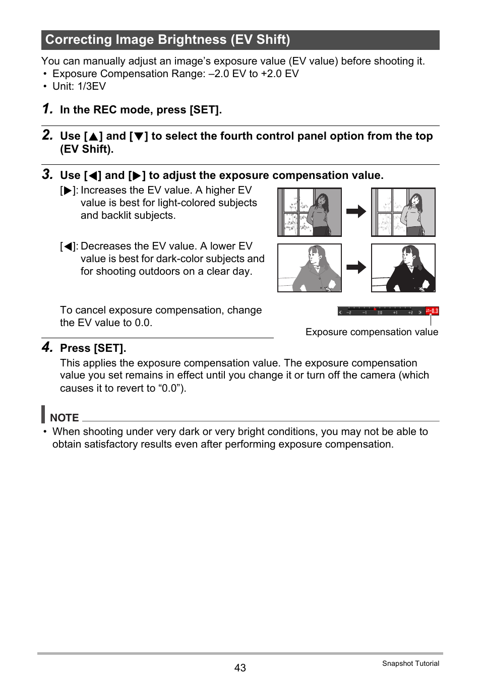 Correcting image brightness (ev shift) | Casio EX-FC200S User Manual | Page 43 / 195