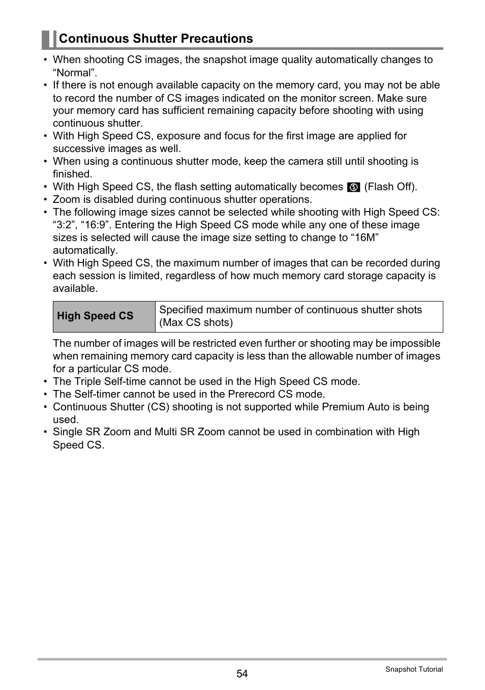 Continuous shutter precautions | Casio EX-FC200S User Manual | Page 54 / 195