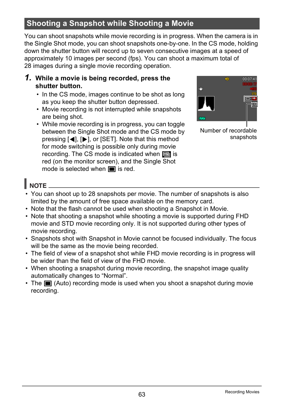 Shooting a snapshot while shooting a movie | Casio EX-FC200S User Manual | Page 63 / 195