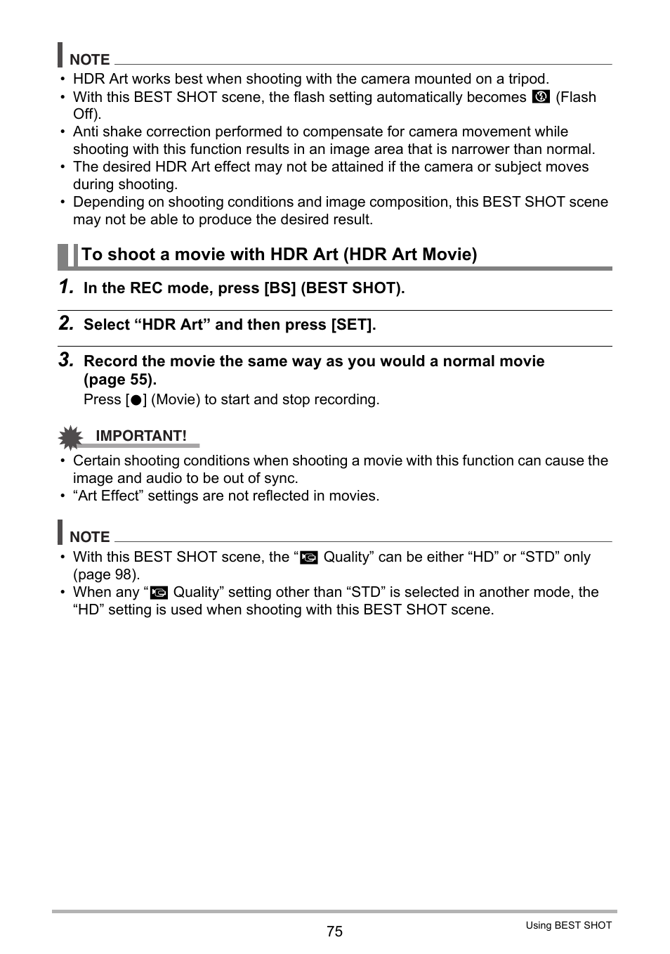 To shoot a movie with hdr art (hdr art movie) | Casio EX-FC200S User Manual | Page 75 / 195