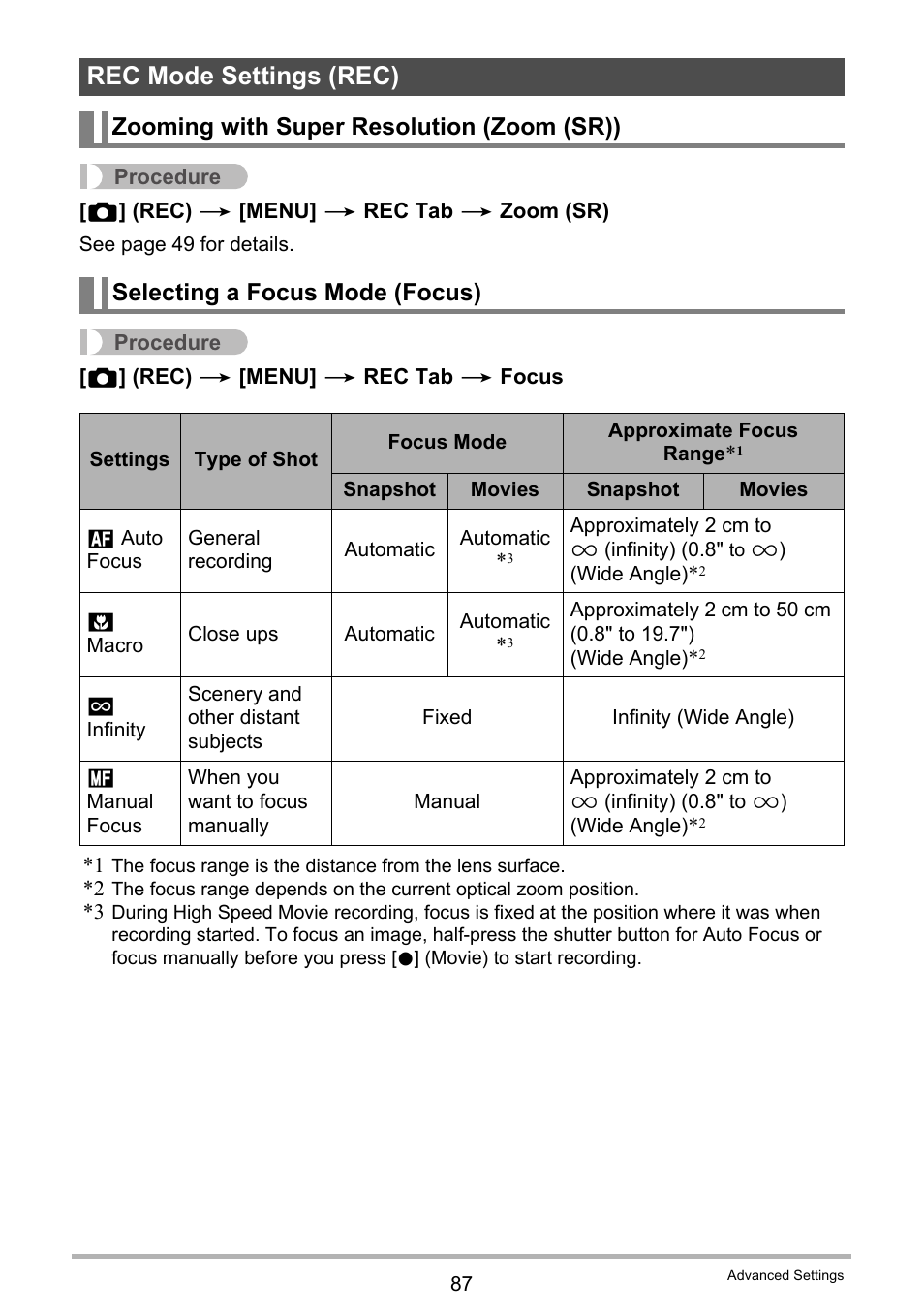 Rec mode settings (rec), Zooming with super resolution (zoom (sr)), Selecting a focus mode (focus) | Casio EX-FC200S User Manual | Page 87 / 195