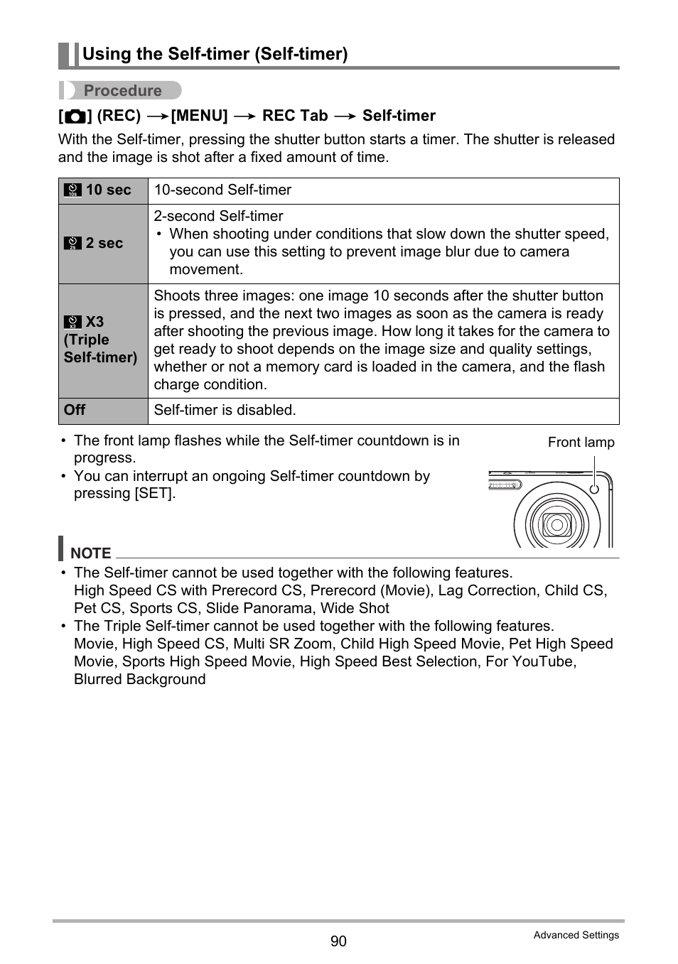 Using the self-timer (self-timer) | Casio EX-FC200S User Manual | Page 90 / 195