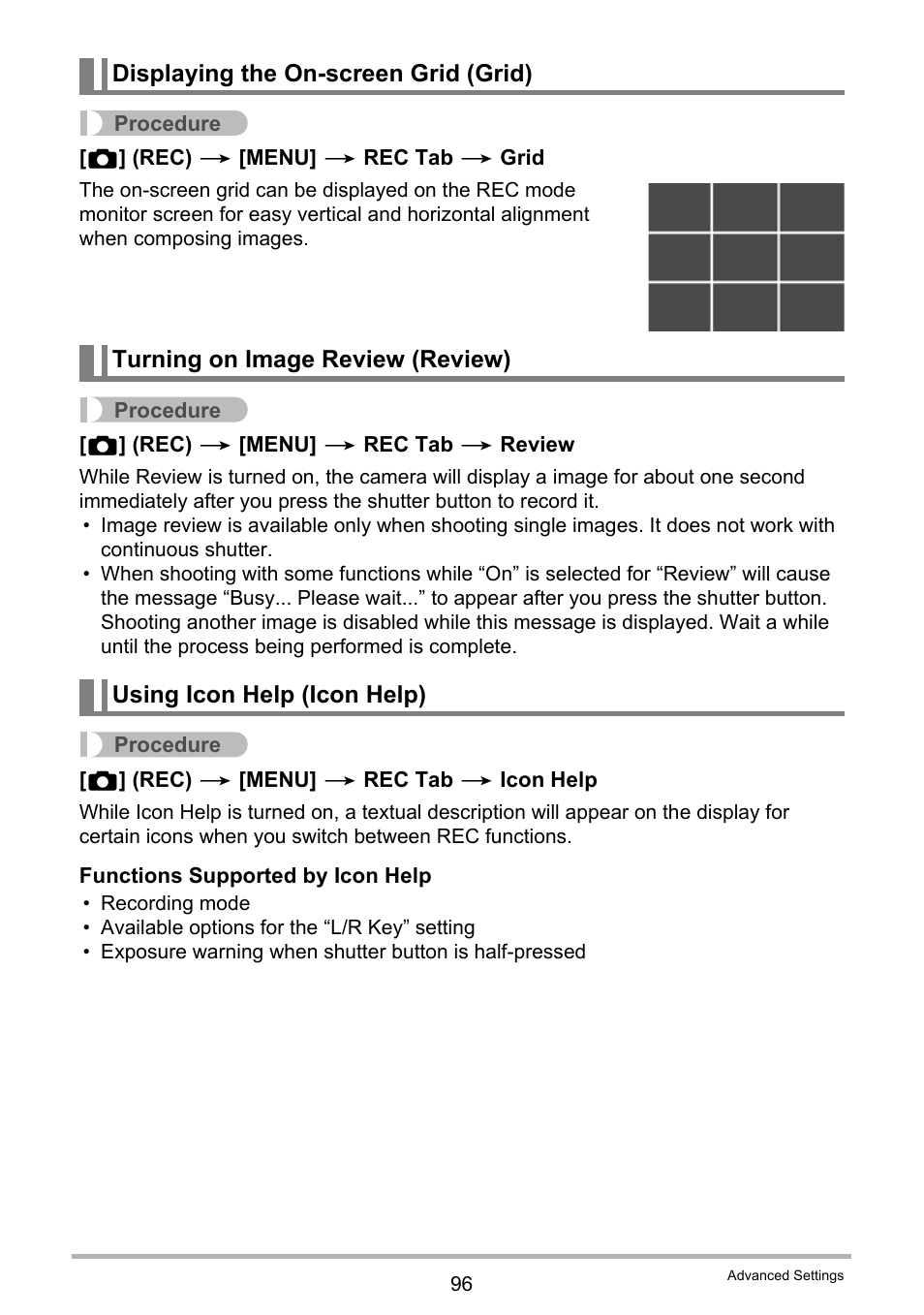 Displaying the on-screen grid (grid), Turning on image review (review), Using icon help (icon help) | Casio EX-FC200S User Manual | Page 96 / 195