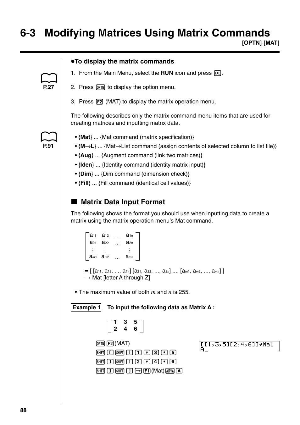 3 modifying matrices using matrix commands, Kmatrix data input format | Casio fx-9750G PLUS User Manual | Page 116 / 486