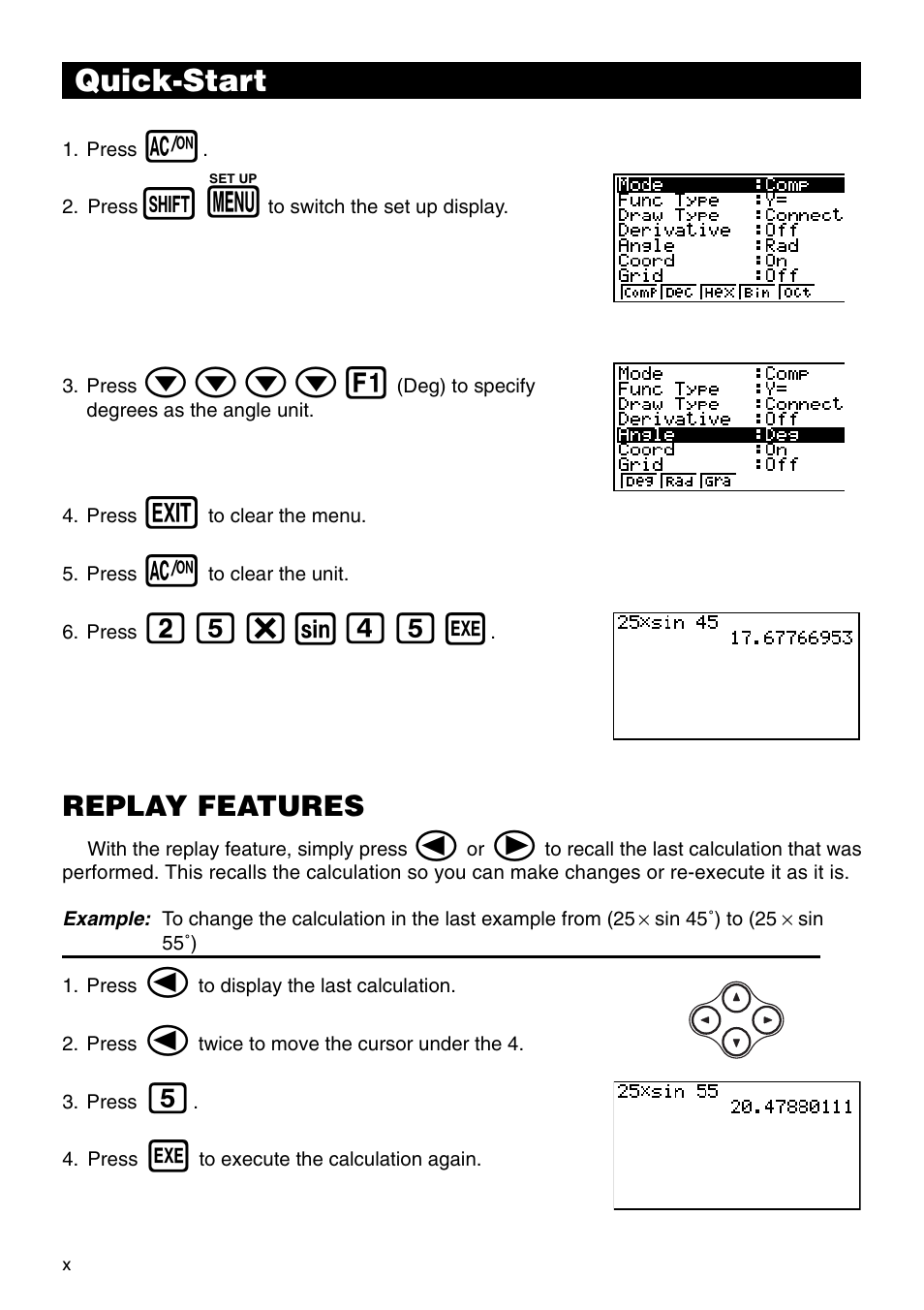 Cf*sefw, Quick-start, Replay features | Casio fx-9750G PLUS User Manual | Page 12 / 486