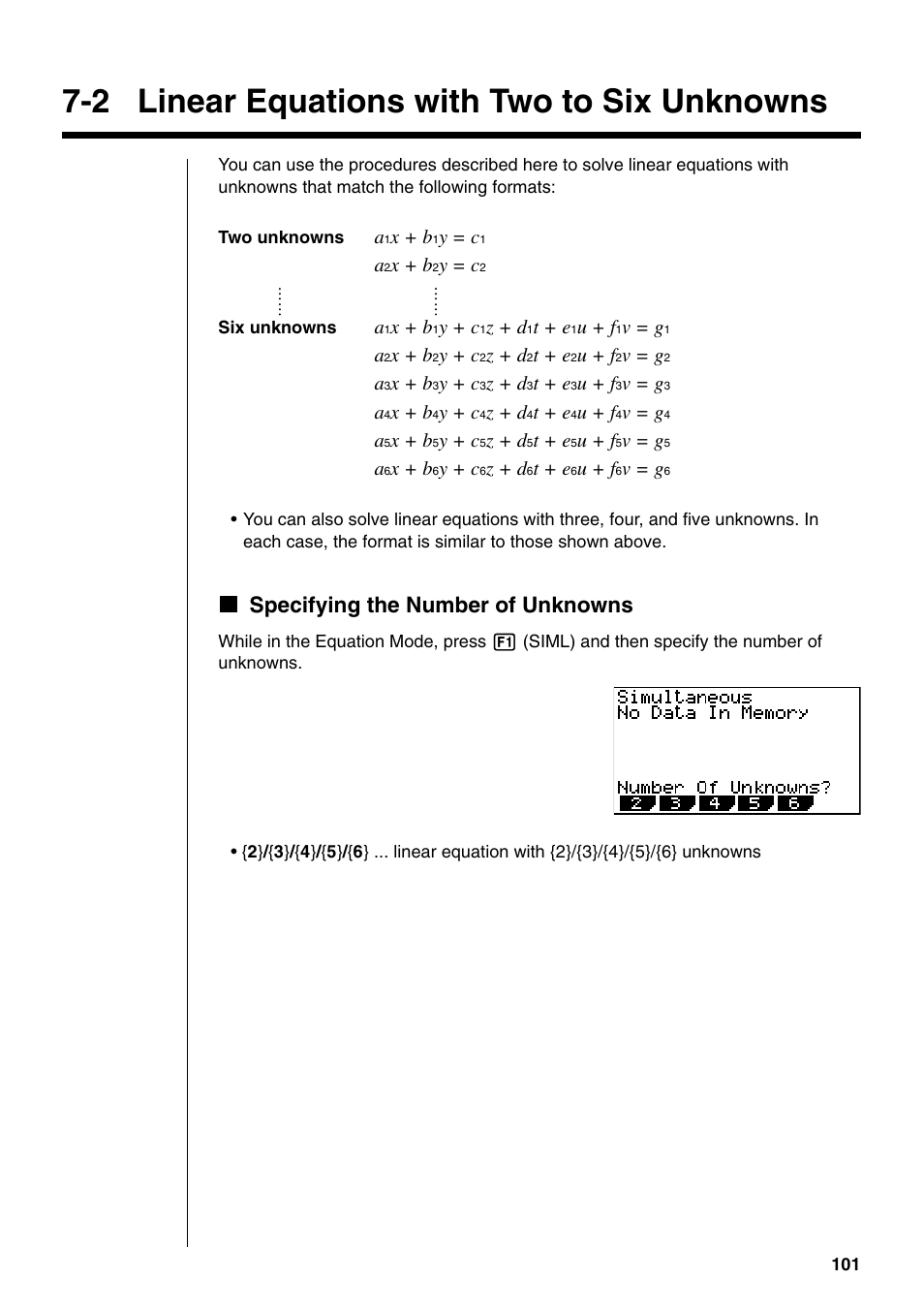 2 linear equations with two to six unknowns, Kspecifying the number of unknowns, X + b | Y = c, Y + c, Z + d, T + e, U + f, V = g | Casio fx-9750G PLUS User Manual | Page 129 / 486