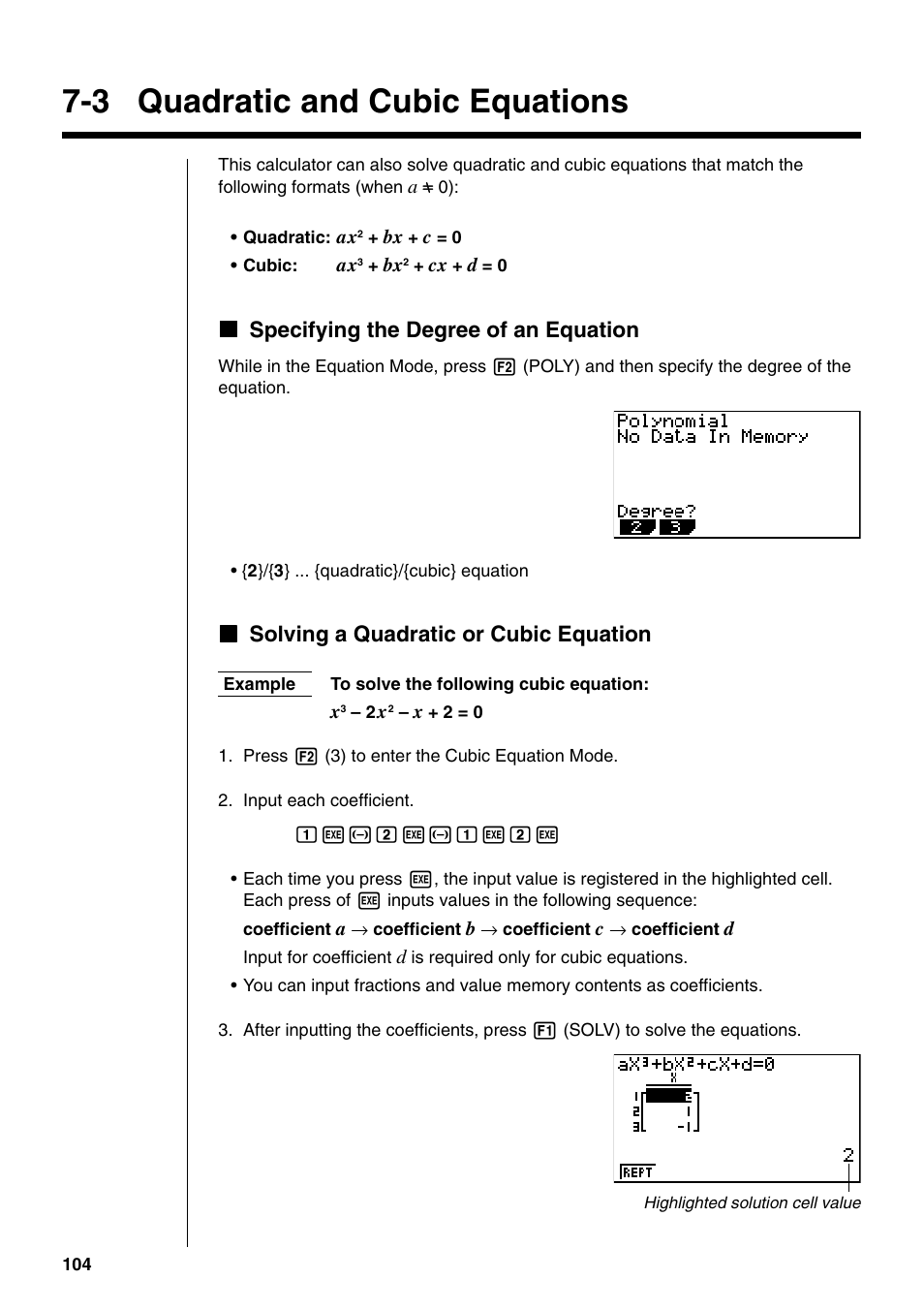 3 quadratic and cubic equations, Kspecifying the degree of an equation, Ksolving a quadratic or cubic equation | Casio fx-9750G PLUS User Manual | Page 132 / 486