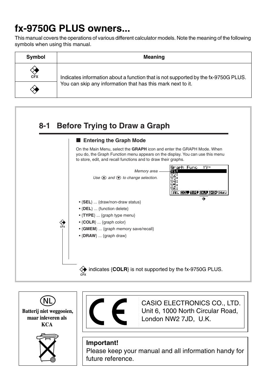 Fx-9750g plus owners, 1 before trying to draw a graph | Casio fx-9750G PLUS User Manual | Page 2 / 486