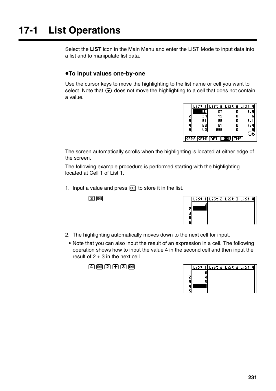 1 list operations | Casio fx-9750G PLUS User Manual | Page 259 / 486