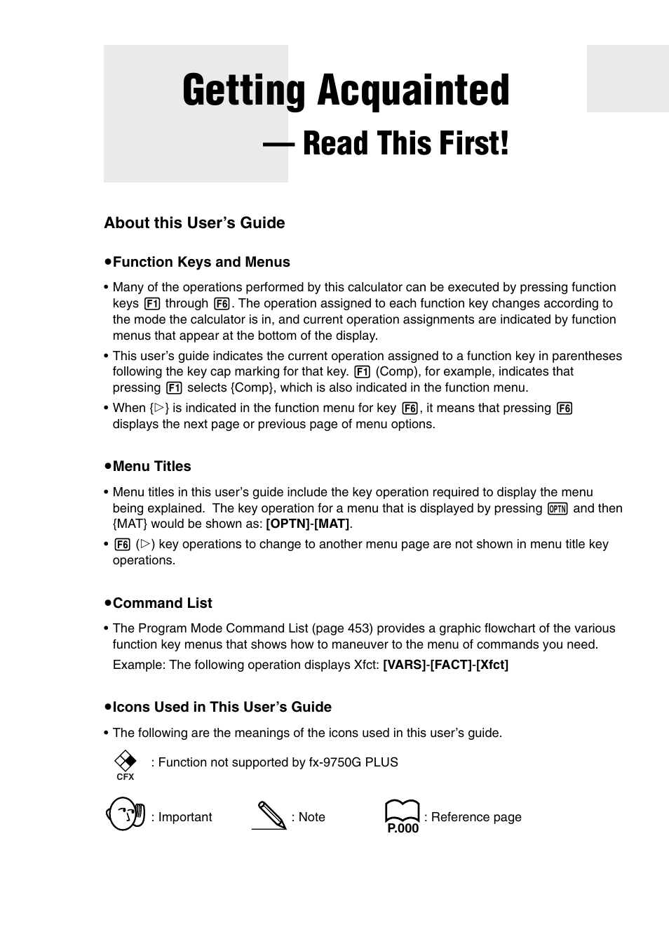 Getting acquainted, Read this first, Getting acquainted — read this first | Casio fx-9750G PLUS User Manual | Page 29 / 486