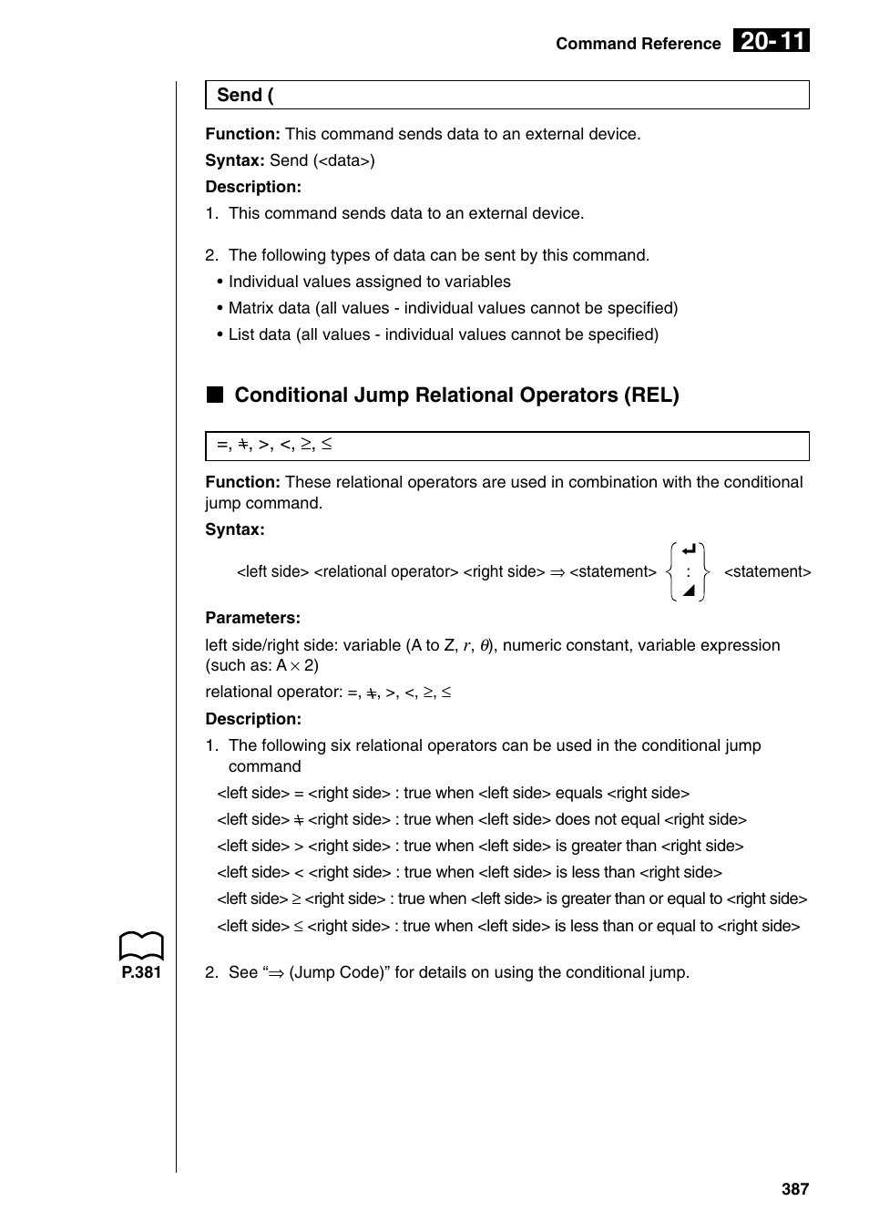 Kconditional jump relational operators (rel) | Casio fx-9750G PLUS User Manual | Page 415 / 486