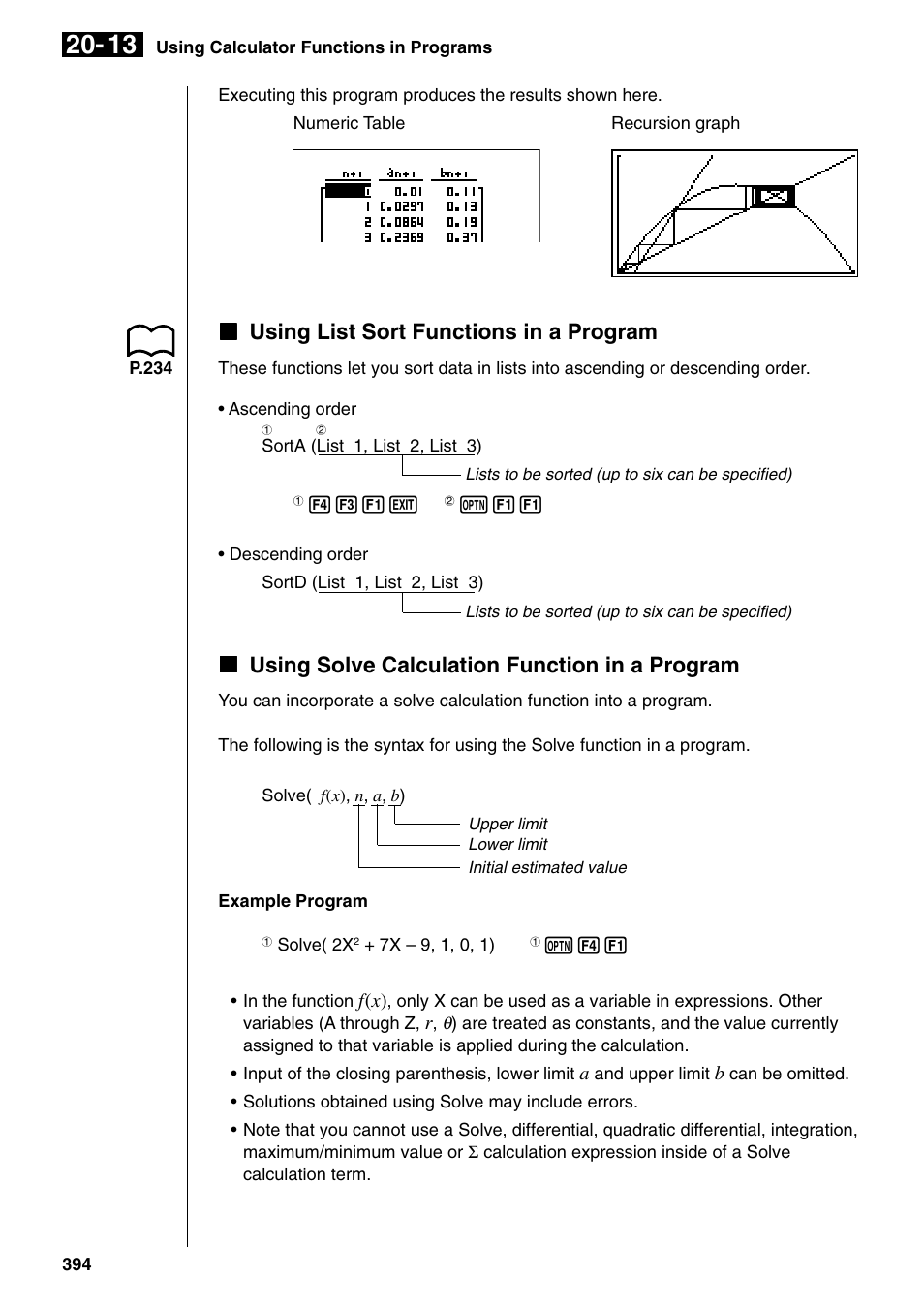 Kusing list sort functions in a program, Kusing solve calculation function in a program | Casio fx-9750G PLUS User Manual | Page 422 / 486