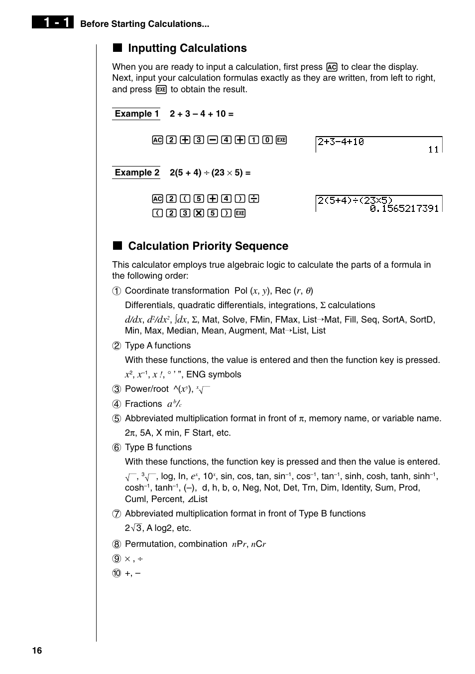 Kinputting calculations, Kcalculation priority sequence | Casio fx-9750G PLUS User Manual | Page 44 / 486