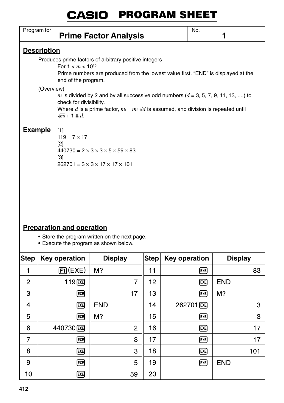 Program sheet, Prime factor analysis | Casio fx-9750G PLUS User Manual | Page 440 / 486