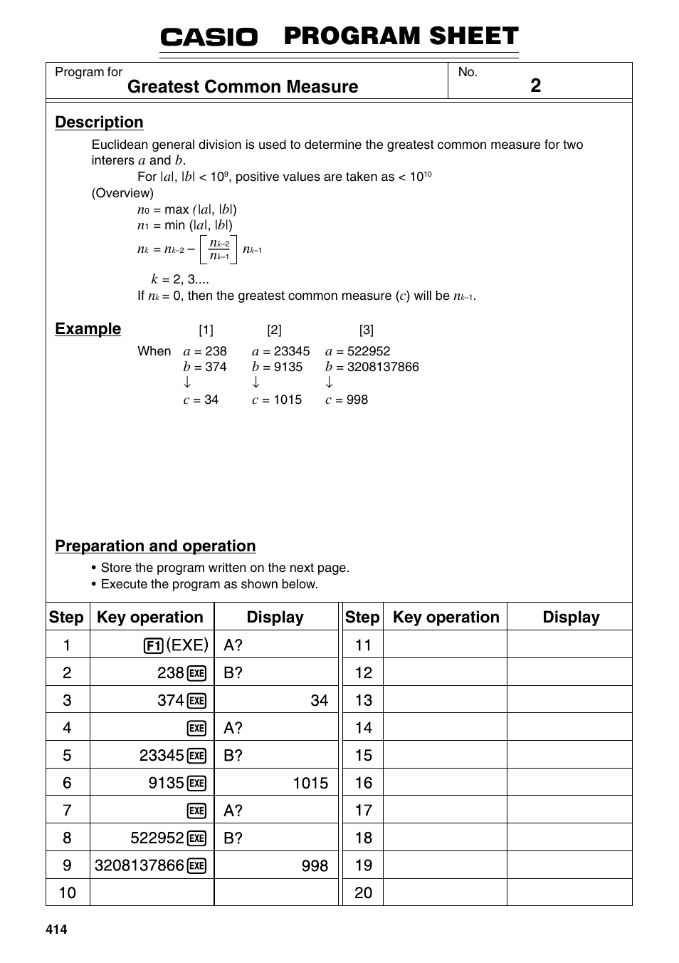 Program sheet, Greatest common measure, Description | Example, Preparation and operation | Casio fx-9750G PLUS User Manual | Page 442 / 486