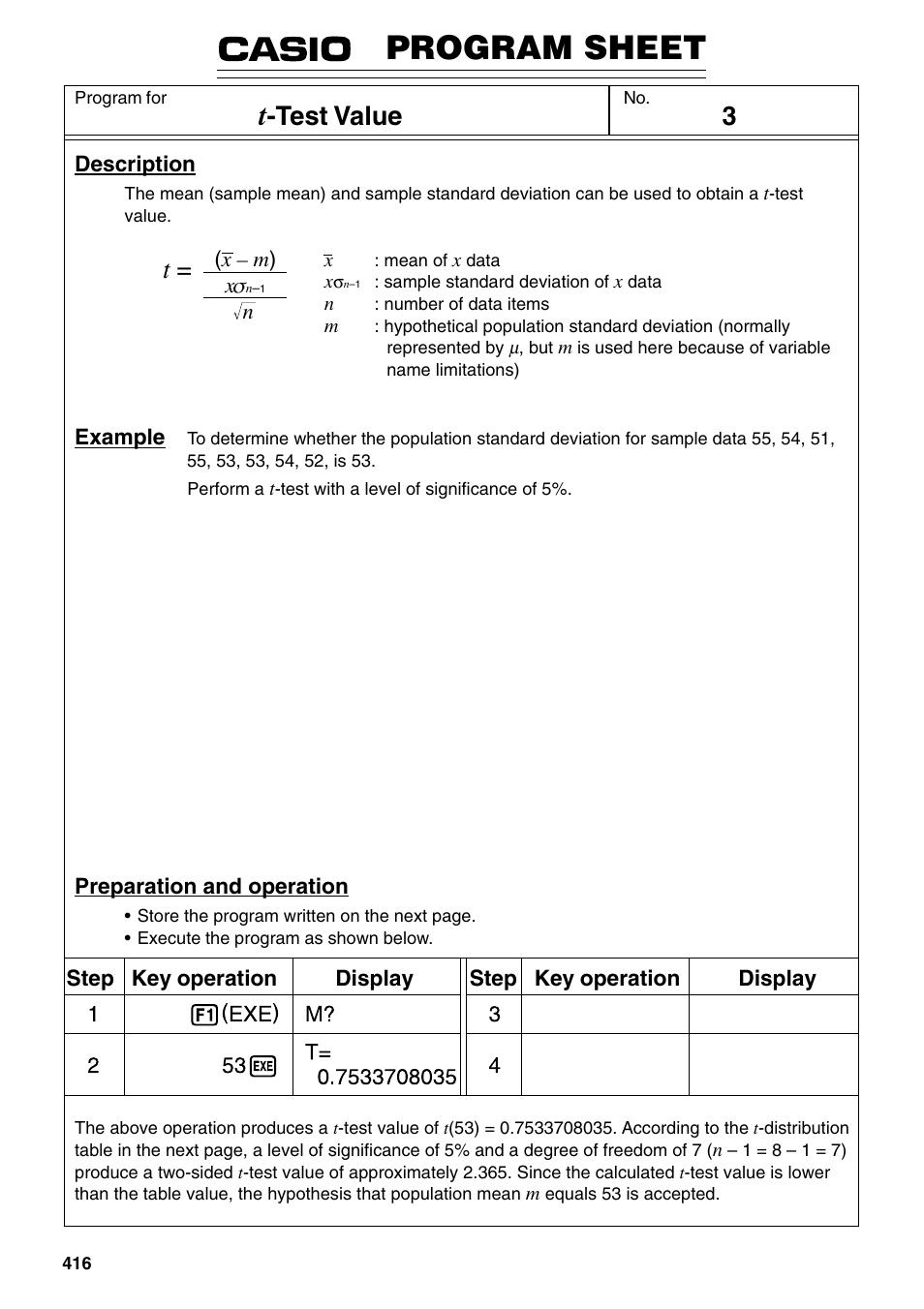 Program sheet, Test value | Casio fx-9750G PLUS User Manual | Page 444 / 486