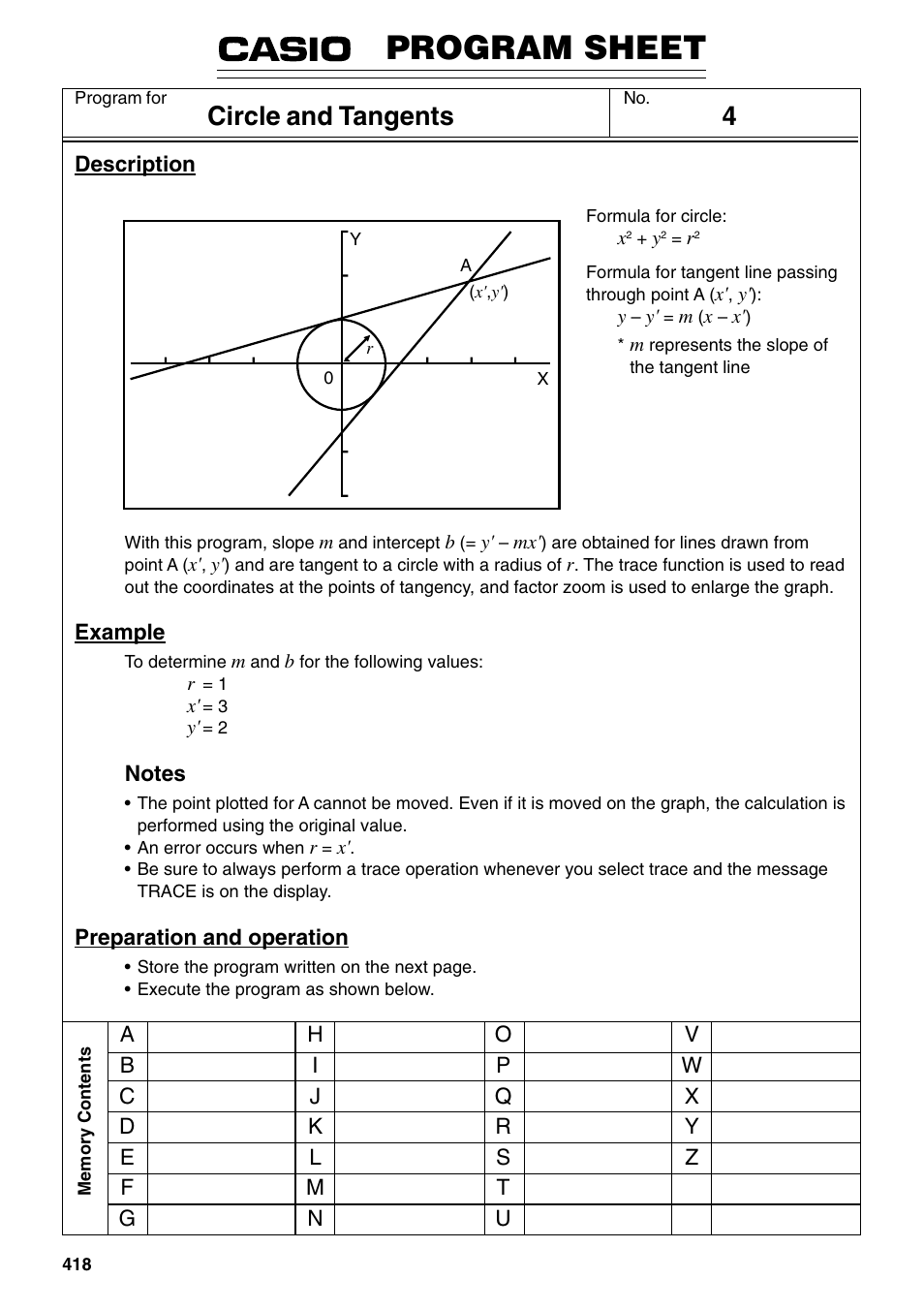 Program sheet, Circle and tangents | Casio fx-9750G PLUS User Manual | Page 446 / 486