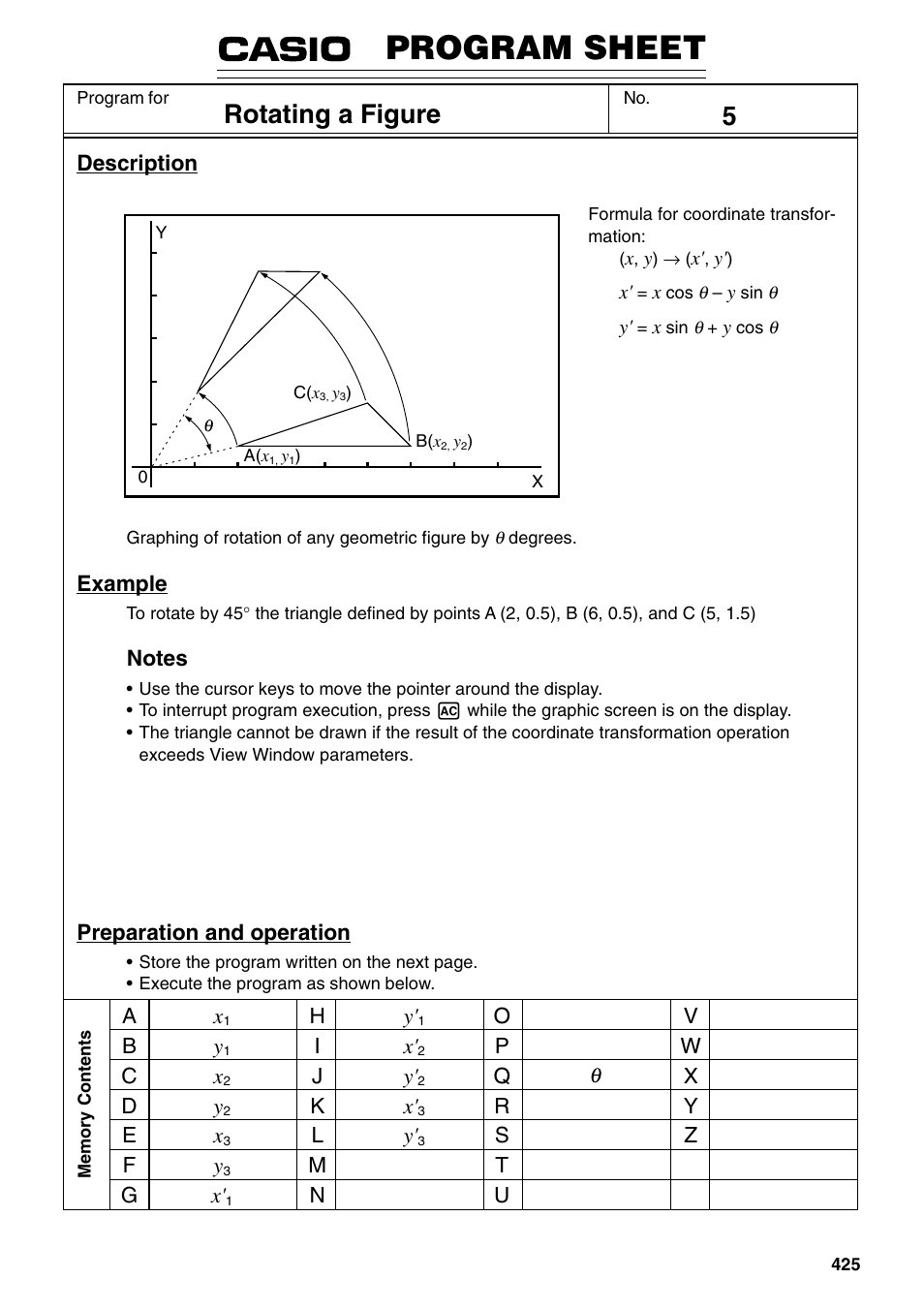 Program sheet, Rotating a figure | Casio fx-9750G PLUS User Manual | Page 453 / 486