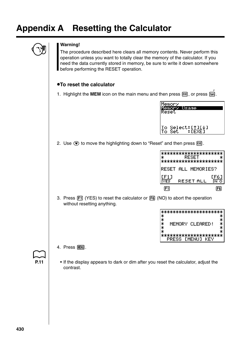 Appendix a resetting the calculator | Casio fx-9750G PLUS User Manual | Page 458 / 486