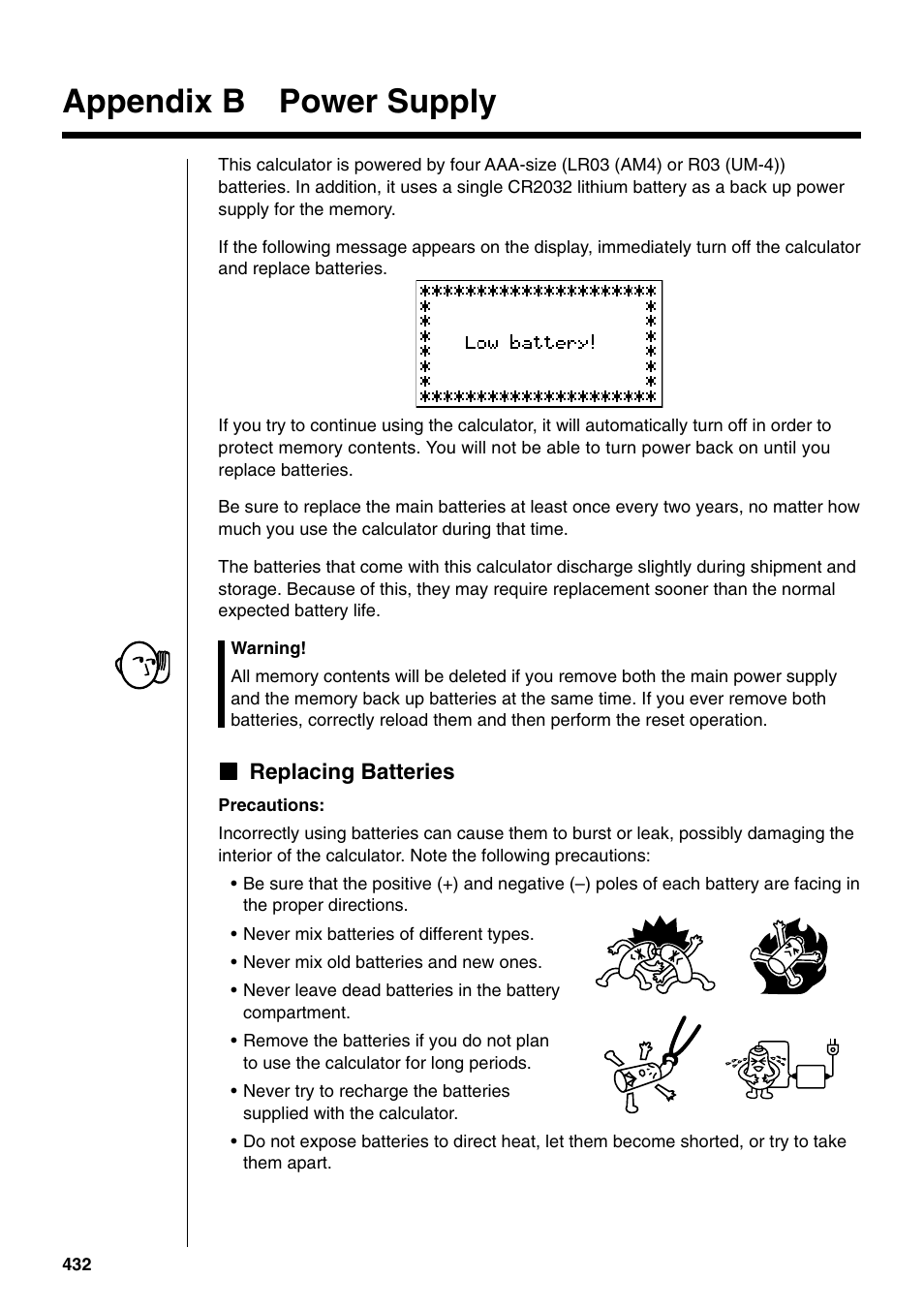 Appendix b power supply | Casio fx-9750G PLUS User Manual | Page 460 / 486