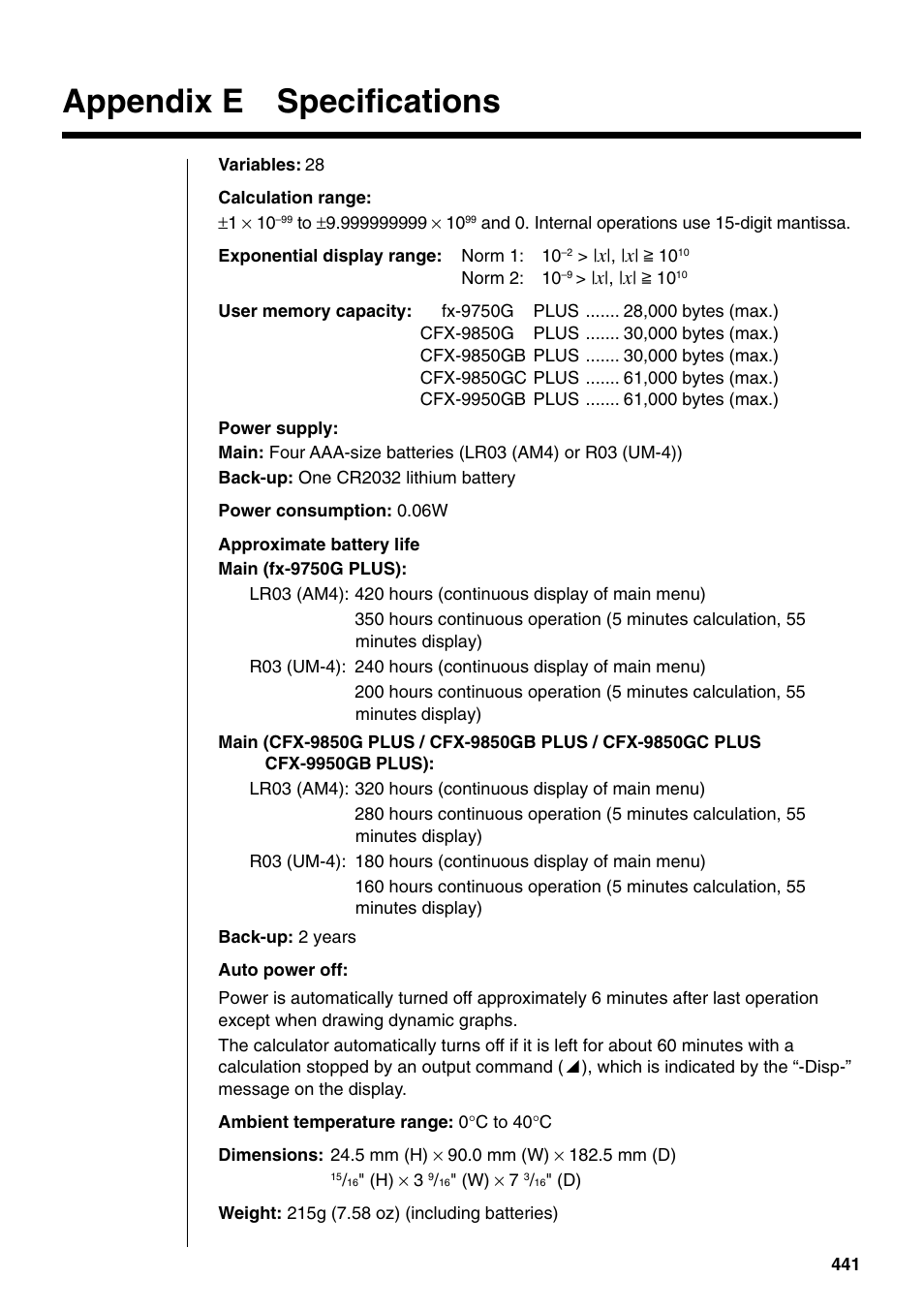 Appendix e specifications | Casio fx-9750G PLUS User Manual | Page 469 / 486