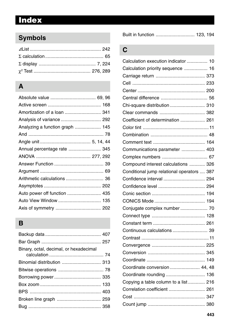 Index, Symbols | Casio fx-9750G PLUS User Manual | Page 471 / 486