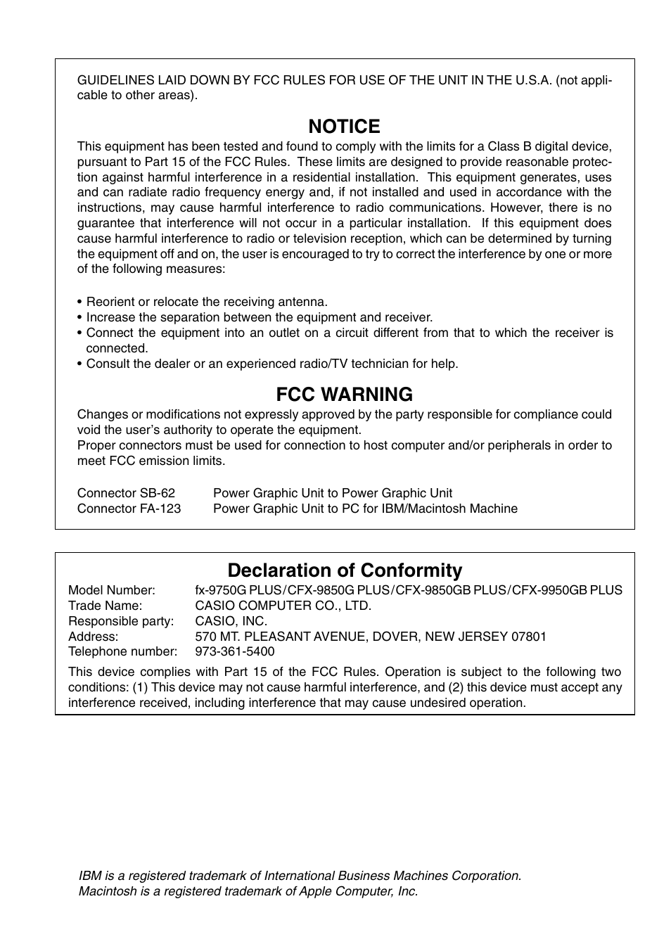 Notice, Fcc warning, Declaration of conformity | Casio fx-9750G PLUS User Manual | Page 485 / 486