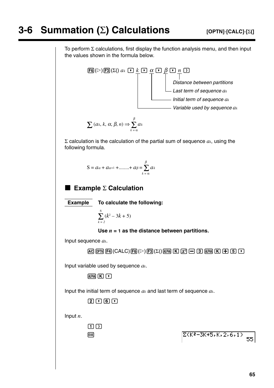 6 summation ( σ ) calculations, Kexample σ calculation | Casio fx-9750G PLUS User Manual | Page 93 / 486