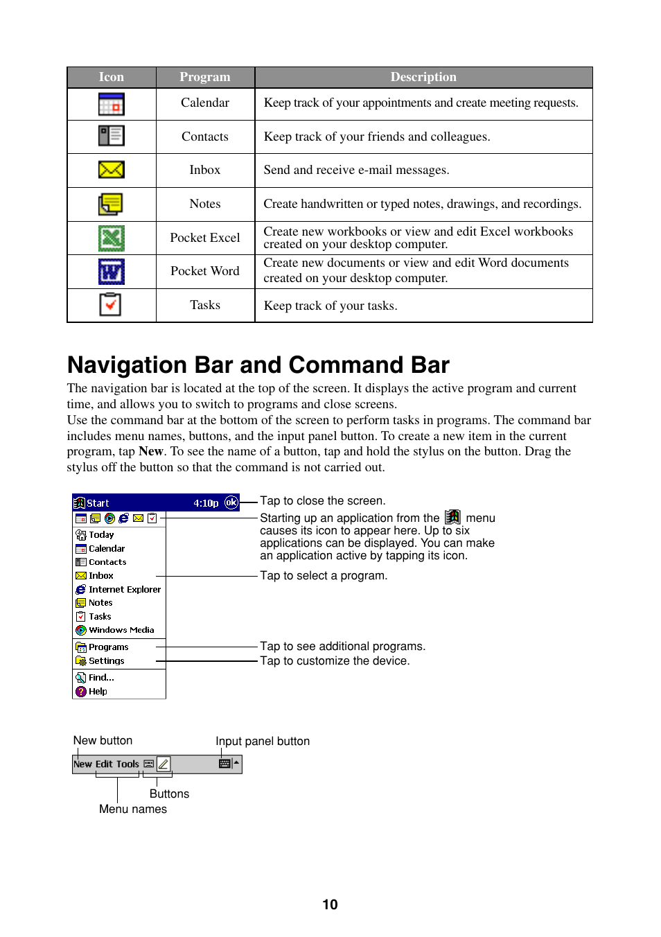 Navigation bar and command bar | Casio Pocket PC Terminal User Manual | Page 10 / 67